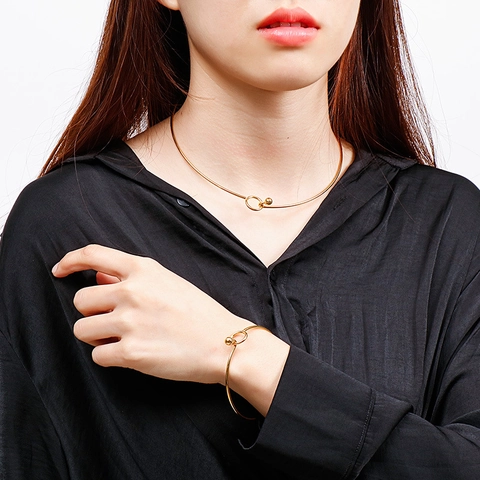 Minimalist Stainless Steel Jewelry Set For Women Gold Silver Plated Geometric Circle Open Collar Necklace And Bead Bracelet