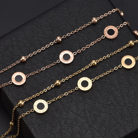 Women Double Layer Bead Chain Bracelet Stainless Steel Roman Numerals Round Pendants Fashion Jewelry Rose Gold Gold