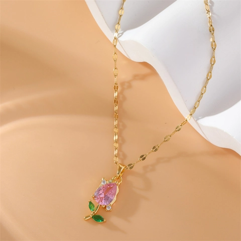 Tulip Flower Pendant Necklace Pink Zircon Stainless Steel Gold Plated Elegant Sweet Floral Jewelry For Women
