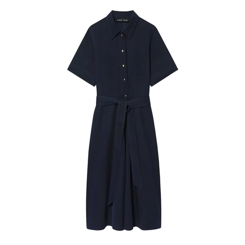 Navy Blue Short Sleeve Shirt Dress With Gold Buttons And Belt Utility Midi Casual Chic For Women