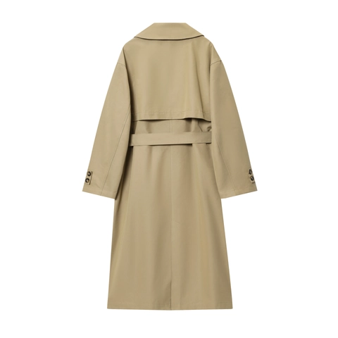 Dames Lange Trenchcoat Dubbele Rij Knopen Met Riem Khaki Twill Klassiek Elegant Bovenkleding Windjack Casual