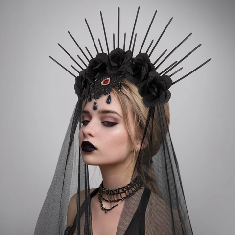 Cerchietto Per Capelli Corona Gotica Con Punte E Velo In Rete Rose Di Stoffa Strass Rosso Costume Halloween Cosplay