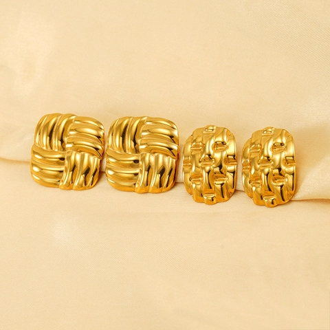 Square Geometric Earrings 18K Gold Plated Stainless Steel Textured Woven Design French Style For Women Elegant Accessories