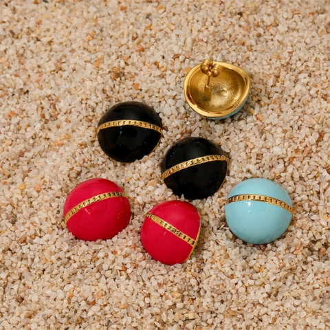 Enamel Stainless Steel Stud Earrings Colorful Round Ball With Gold Chain Detail Korean Minimalist Style For Women
