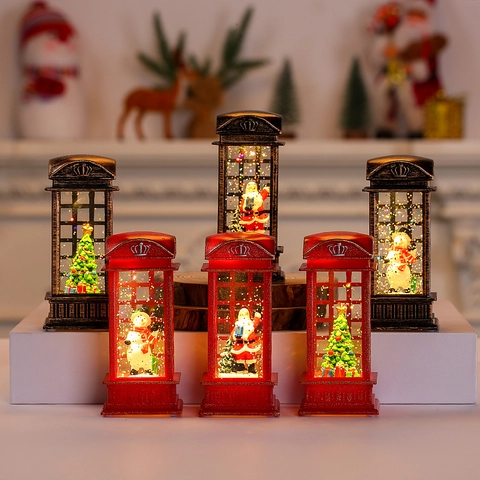 Christmas Snow Globe Lantern LED Glowing Water Filled Glitter Spinning Retro Telephone Booth Square Festive Home Decor
