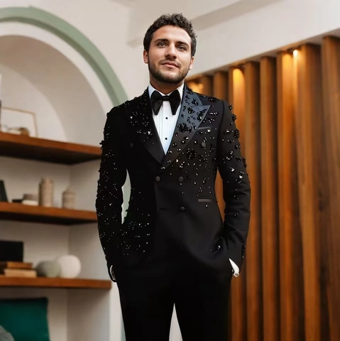 Men Suit Jacket And Pants Heavy Bead Embroidery Sequins Luxury Banquet Wedding Tuxedo Formal Peak Lapel Double Breasted