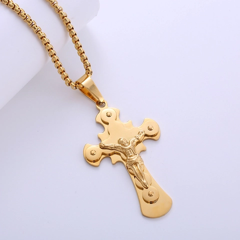 Hip Hop Heren Jezus Kruisbeeld Hanger Ketting 18K Verguld 316L Roestvrij Staal Religieuze Sieraden Accessoire