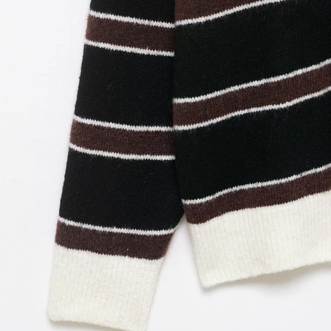 Suéter De Punto A Rayas Para Mujer Poliéster Cuello Polo Manga Larga Retro Suelto Con Botones