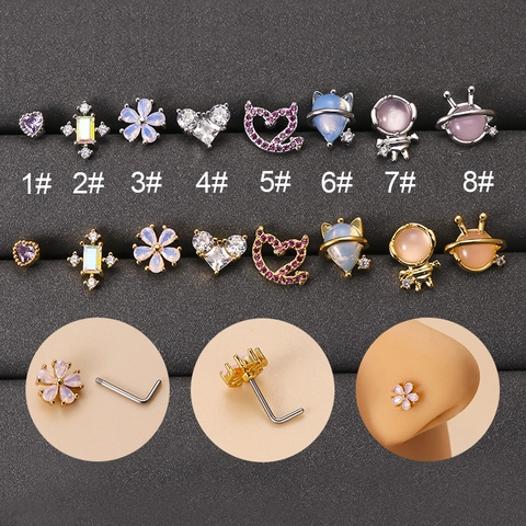 Piercing al Naso in Acciaio Inossidabile Zirconia Perno a Forma di L Fiore Cuore Croce Stella Pianeta Gioielli per Donna