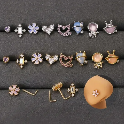 Edelstahl Zirkonia Nasenpiercing Stecker L-Form Piercing Blume Herz Kreuz Stern Planet Nasenstecker Schmuck Für Damen