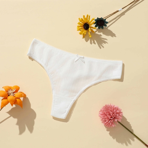 Thongs Femmes En Polyester Spandex Côtelé Culottes T-Back Avec Bordure En Dentelle Et Nœud Décoratif Respirant Taille Basse