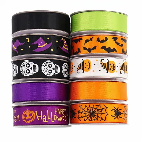 Halloween Lint Polyester Grosgrain Satijn Stof Voor Cadeauverpakking DIY Strikken Pompoen Vleermuis Spinnenweb Skelet Partij Decoratie