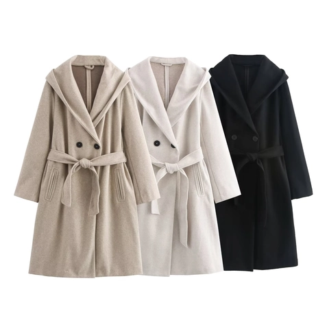 Manteau Long à Capuche Femme Uni Polyester Tempérament Élégant Vêtements Avec Ceinture Style Décontracté Navettage Haut Automne