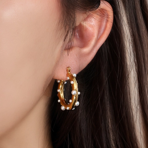 Hoop Ohrringe 18K Vergoldet Edelstahl Mit Künstliche Perle Zirkonia Edelstein Für Frauen Eleganter Modeschmuck