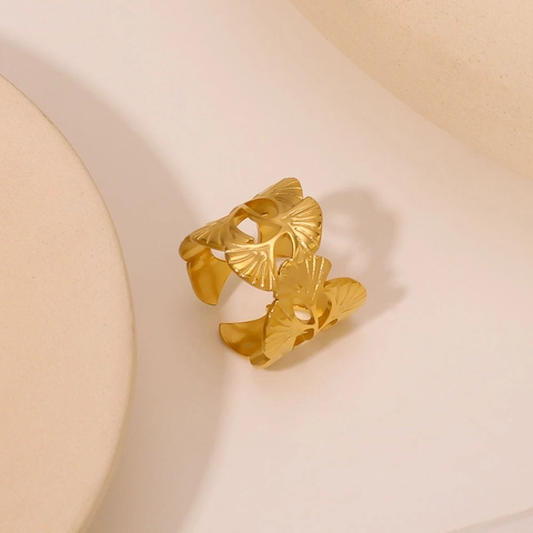 Ginkgo Leaf Open Ring 18K Gold Plated Stainless Steel Adjustable Hollow Leaf Minimalist Jewelry For Women Waterproof Hypoallergenic