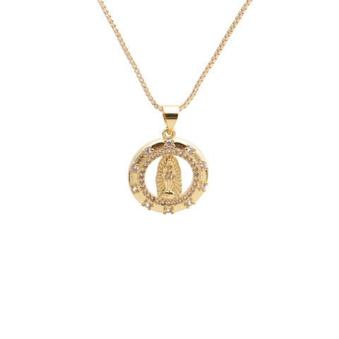 Virgin Mary Pendant Necklace Gold Plated Copper With Cubic Zirconia Religious Jewelry For Women Elegant Box Chain