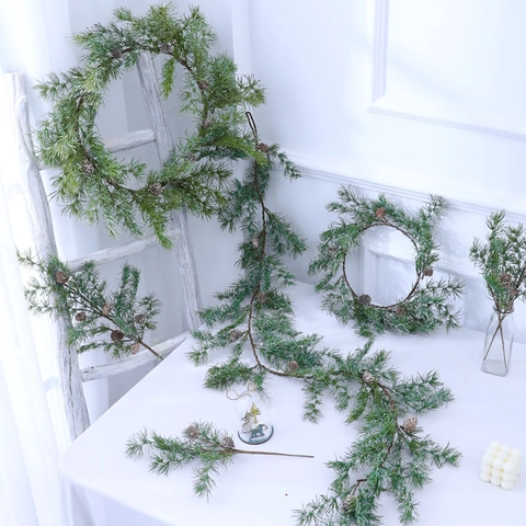 Christmas Artificial Pine Wreath Garland Branch With Natural Pine Cones For Door Wall Window Festive Winter Home Decor