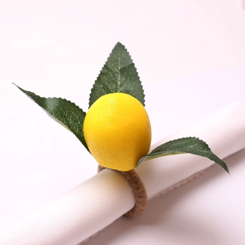 Simulated Lemon Napkin Ring With Green Leaves Hemp Rope Yellow Fruit Holder For Wedding Banquet Kitchen Table Decoration