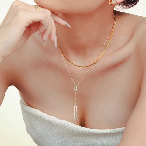 Minimalist Double Layer Pendant Necklace Titanium Steel Gold Plated Hollow Rectangular Zircon Jewelry For Women Elegant