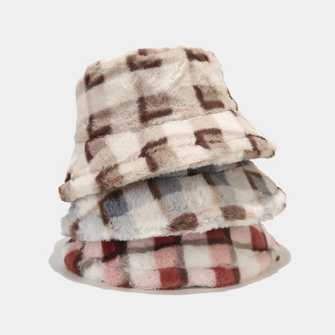 Anglerhut Kunstfell Kariertes Muster Winter Warm Breite Krempe Elegant Lässig Modisch Outdoor Kopfbedeckung Für Damen