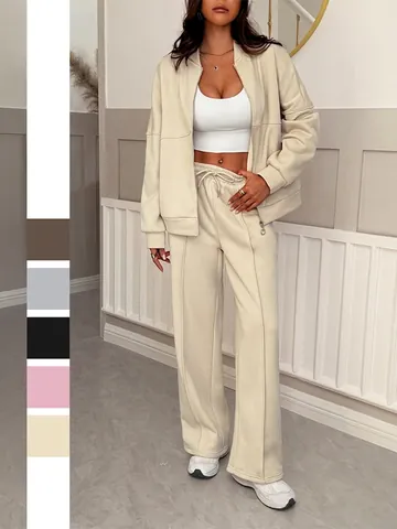 Women Solid Color Polyester Full Zip Stand Collar Jacket And High Waist Wide Leg Pants Casual Lounge Streetwear Outfits