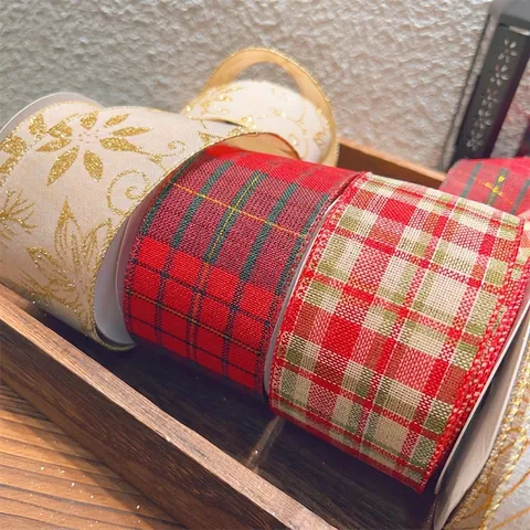 Christmas Ribbon Burlap Cotton Linen Gold Printed Snowflake Plaid Holiday Tree Decoration Gift Wrapping DIY Crafts