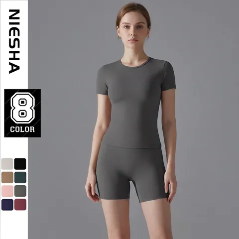 Camiseta Y Pantalones Cortos De Yoga Para Mujer Nylon Spandex Cintura Alta Secado Rápido Elástico Fitness Gimnasio Ropa