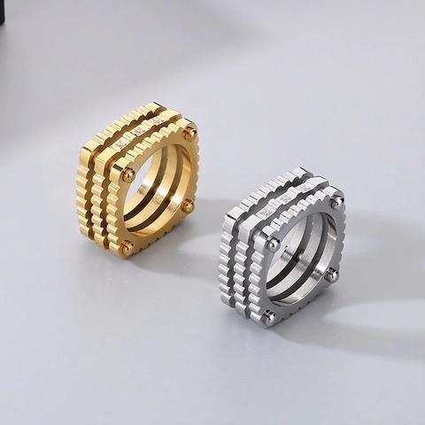 Mechanical Gear Ring Stainless Steel Cubic Zirconia Inlaid Multi Layer Rivet Punk Industrial Geometric Jewelry For Men