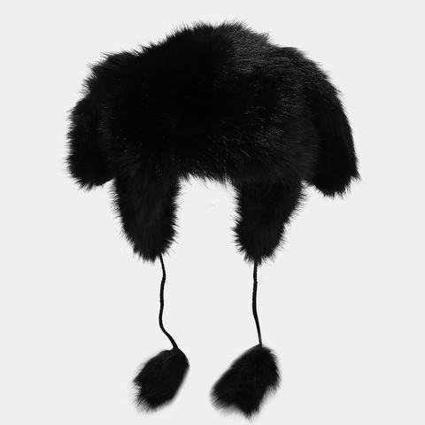 Cute Rabbit Ear Trapper Hat Faux Fur Plush Warm Winter Ear Protection Cap With Pom Poms For Women Solid Color Sweet