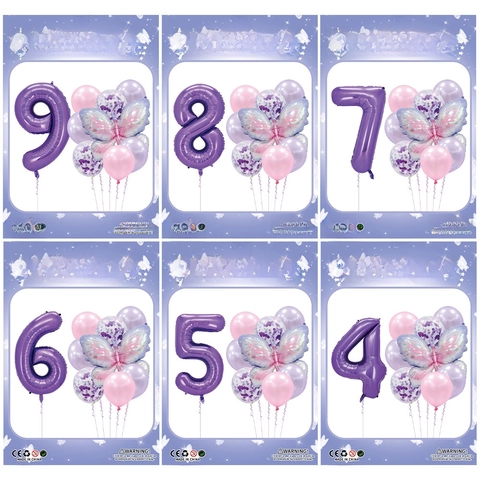 Butterfly Number Balloon Aluminum Film Latex Decoration Birthday Party Pink Purple Gradient Dreamy Kids Girl Anniversary