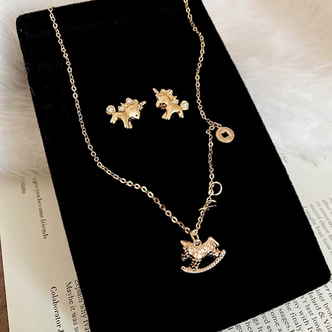 Rocking Horse Necklace And Zircon Earrings Jewelry With Silver Earring Post Real Gold Plated Elegant For Women
