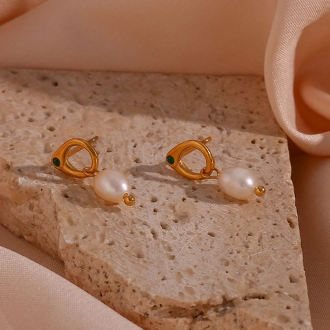 Französischer Vintage Edelstahl Creolen Mit Süßwasserperlen Anhänger Grün Strass Gold Schmuck Für Damen