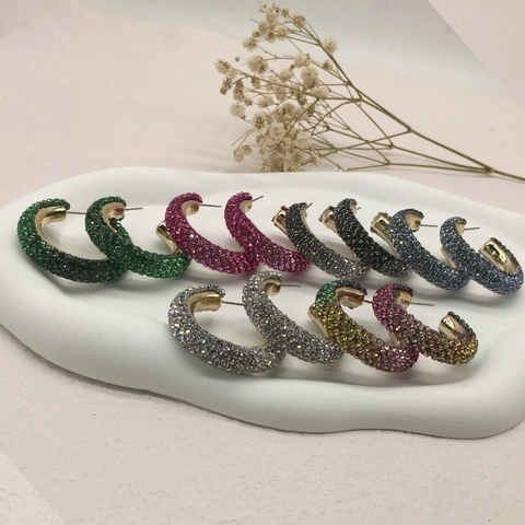 Pave Rhinestone C-Shaped Hoop Earrings Colorful Alloy Gold Plated Fashion Jewelry For Women Party Wedding