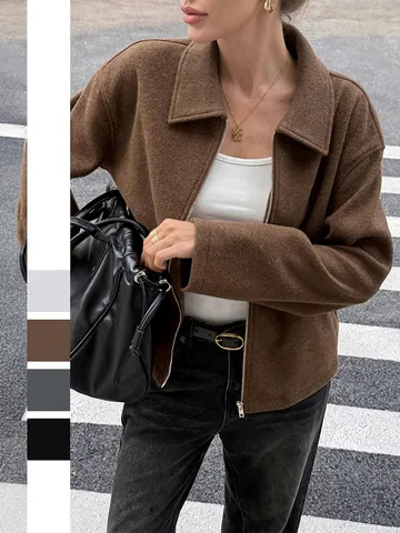 Women Casual Zip Up Jacket Woolen Blend Polo Collar Long Sleeve Solid Color Streetwear Outerwear Autumn Winter