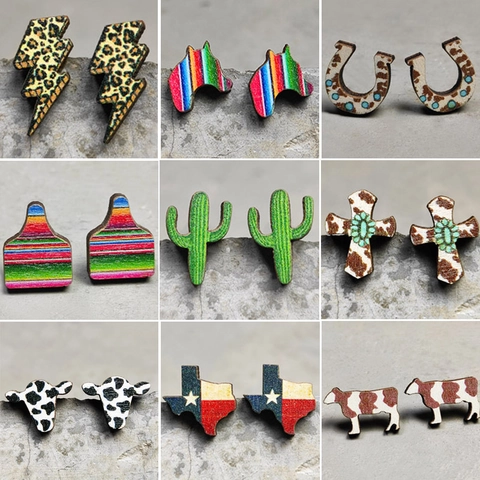 Western Cowboy Wooden Stud Earrings With Steel Earring Post Leopard Print Cactus Bull Head Retro Ethnic Jewelry Women