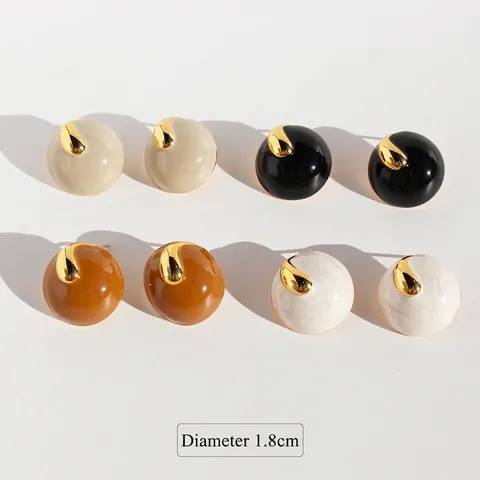 French Retro Enamel Brass Round Stud Earrings For Women With 925 Sterling Silver Post Maillard Brown Black Pearly White Jewelry