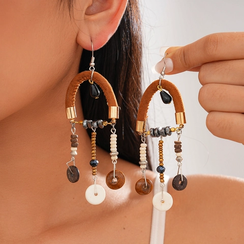 Boheemse Kwastje Hangende Oorbellen Suede Kokosnootschil Hout Glas Kralen Etnische Vintage Sieraden Voor Vrouwen