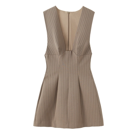 Women Sleeveless Mini Dress Deep V Neck Vertical Stripe A-Line High Waist Back Zipper Stretch Polyester Slim Fit