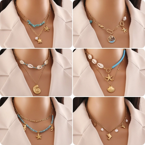 Double Layer Necklace Stainless Steel Shell Faux Artificial Pearl Turquoise Ocean Starfish Turtle Pendant Bohemian Beach Jewelry