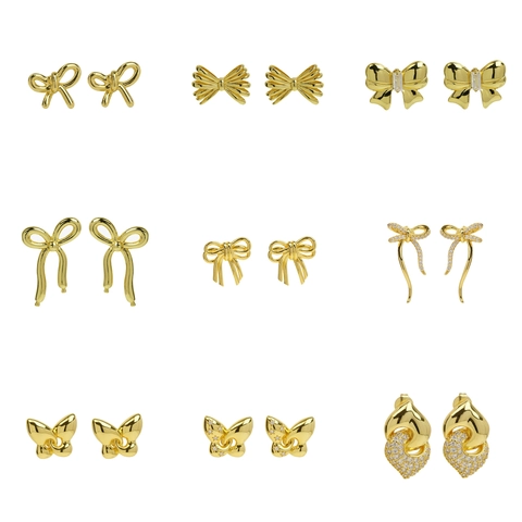 Elegant 18K Gold Plated Copper Bow Knot Stud Earrings For Women Shiny Rhinestone Inlaid Butterfly Jewelry Gift