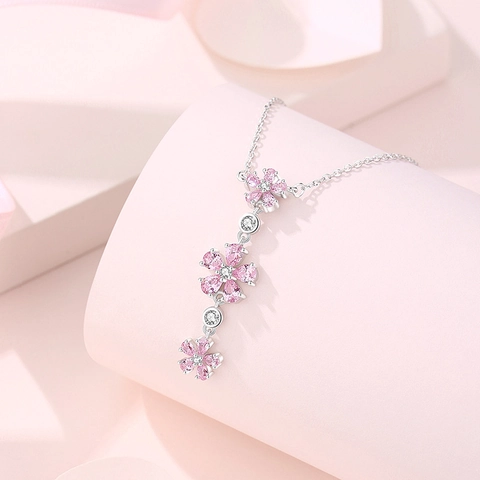 925 Sterling Silver Peach Blossom Necklace Pink Zirconia Inlaid Sweet Flower Tassel Clavicle Chain Jewelry For Women