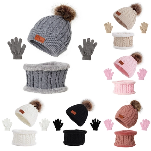 Kids Hat Scarf And Gloves Winter Warm Cable Knit Acrylic Pom Pom Beanie Neck Warmer For Toddler Boys Girls