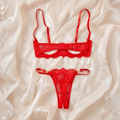 Rote Spitze Lingerie BH Und Thong Für Frauen Romantische Wimpernspitze Verstellbare Träger Unterwäsche