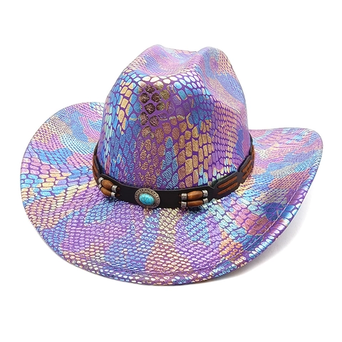 Holographic Snakeskin Polyester Western Cowboy Hat Shiny Metallic Wide Brim With Turquoise Wood Bead Band For Party Rave Halloween