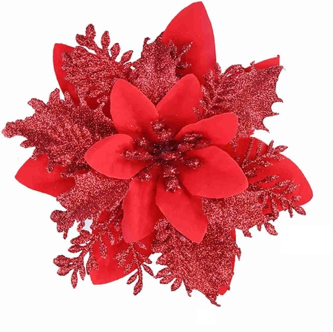 Fiore di Natale Artificiale Glitterato Doppio Strato Poinsettia Accessori per Ghirlanda Albero di Natale Decorazione per Feste a Casa