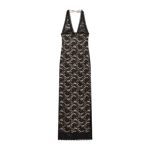 Halter Neck Lace Maxi Dress Backless V-Neck Split Bodycon Sleeveless Elegant Evening Party Wear For Women