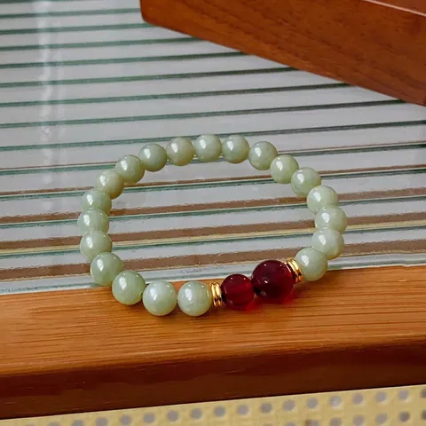 Bracelet En Perles De Jade Hetian Naturel Avec Entretoises En Cuivre Et Perles De Grenat Rouge Bijoux Style Chinois