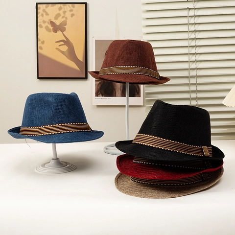 Cappello Fedora Intrecciato Stile Paglia Traspirante Protezione Solare Esterna Viaggi Cappello Jazz Fascia Rigata Decorativa