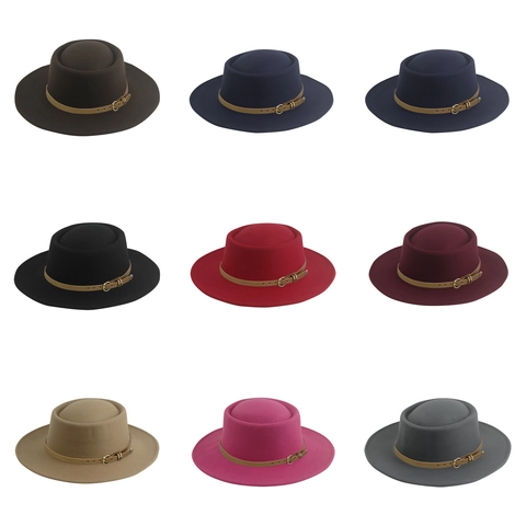 Vintage Boater Hat Wide Brim Flat Top Polyester Felt Jazz Cap With Belt Buckle For Men Women