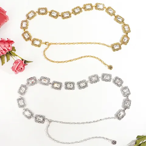 Cintura A Catena In Metallo Vintage Da Donna In Lega Incisa Con Strass Rettangolari Accessorio Abito Regolabile Ciondolo Rosa